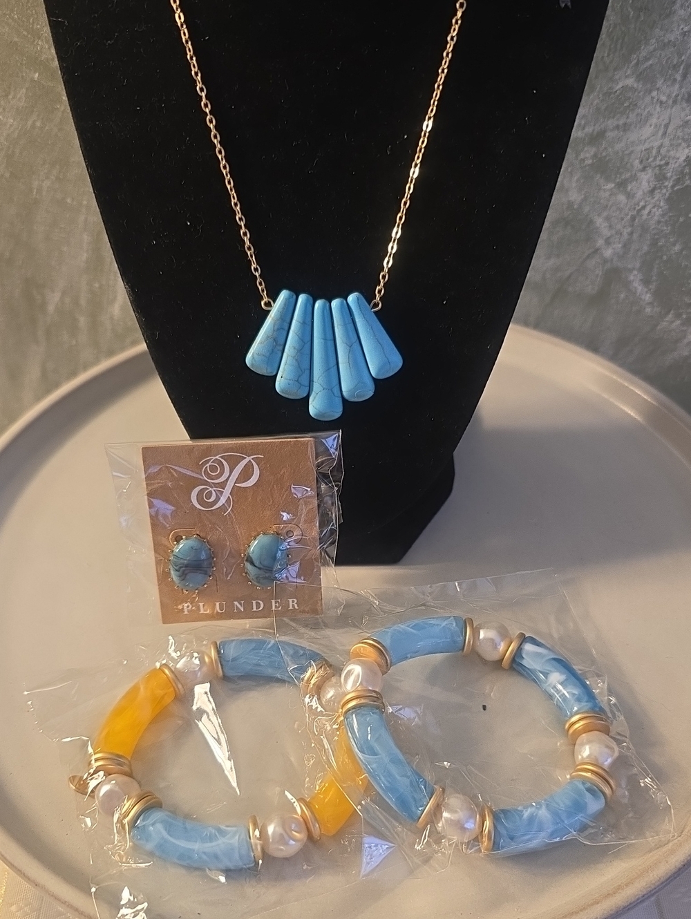 Plunder 4pcs Turquoise Marbled Necklace, Stud Earrings & Bracelets New